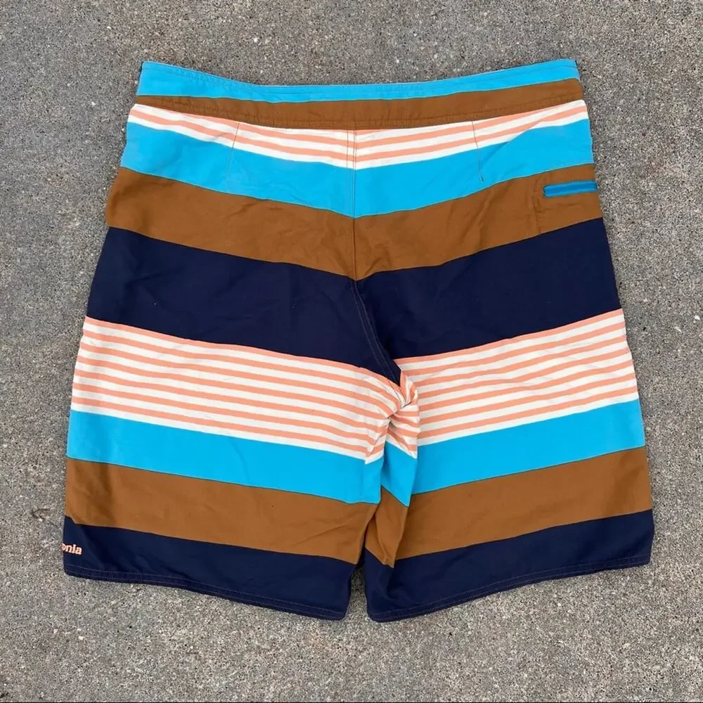 Patagonia size 34 Wavefarer Board Shorts brown blue stripe swim trunks
